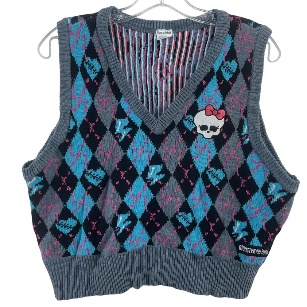 Monster High Diamond Pattern V-Neck Vest - Blue Pink Gray